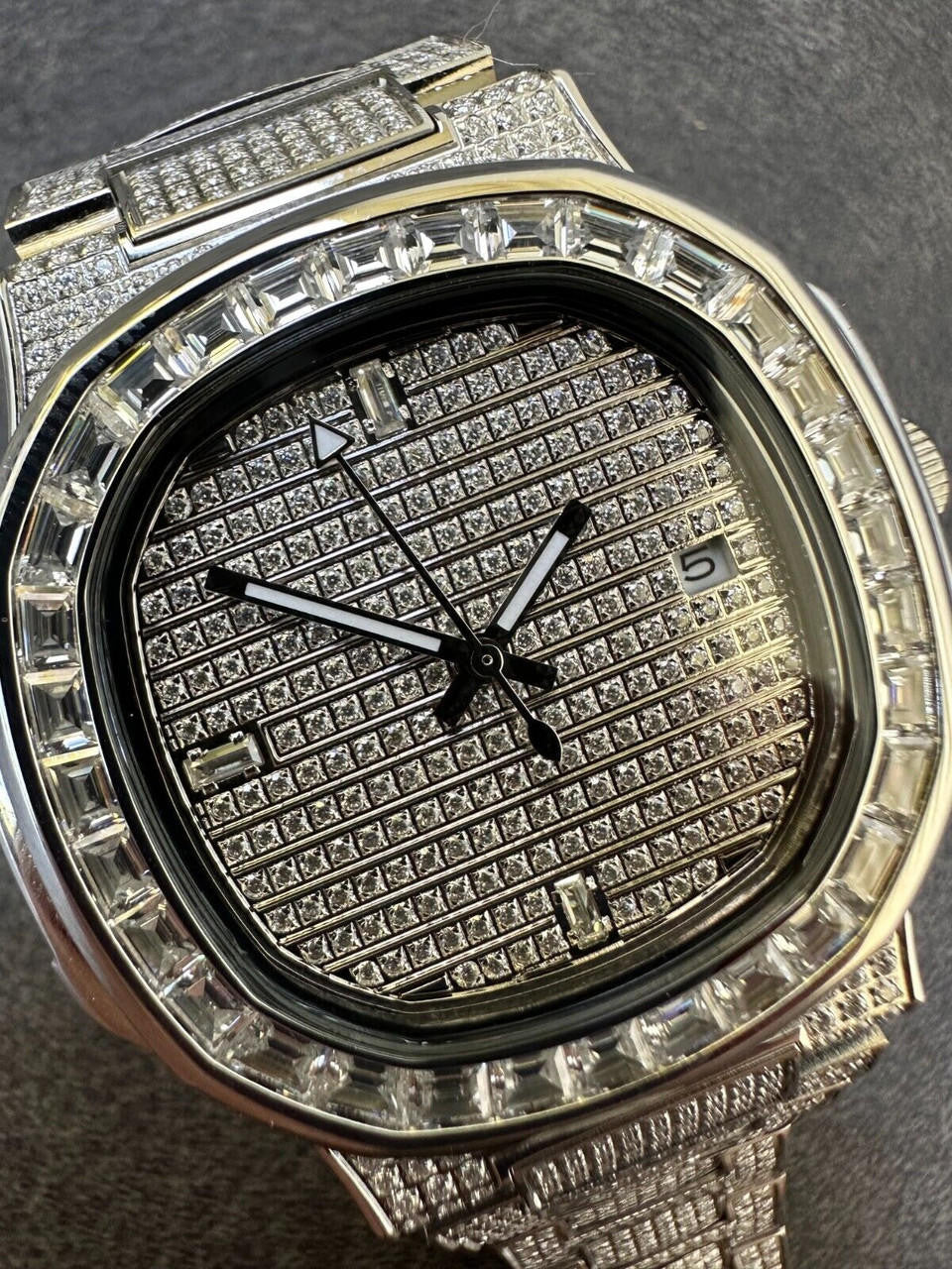 Real Mens Baguette MOISSANITE Watch Iced Automatic Movement Hip Hop Bust Down