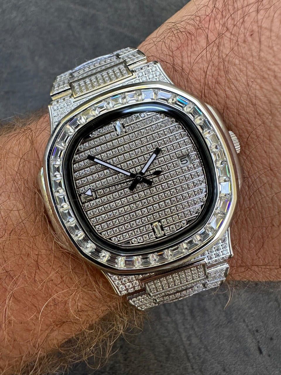 Real Mens Baguette MOISSANITE Watch Iced Automatic Movement Hip Hop Bust Down