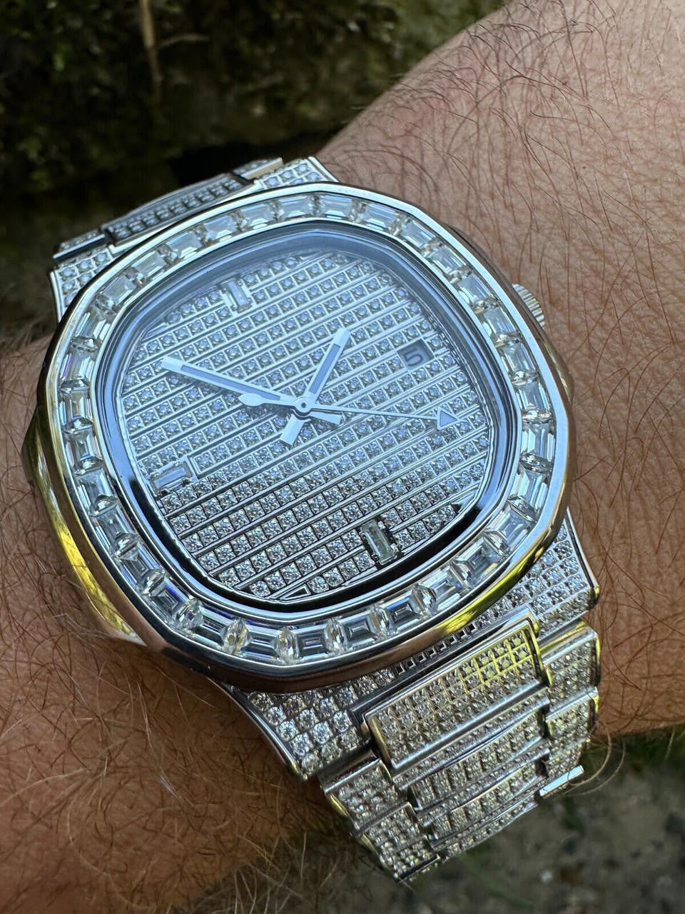 Real Mens Baguette MOISSANITE Watch Iced Automatic Movement Hip Hop Bust Down