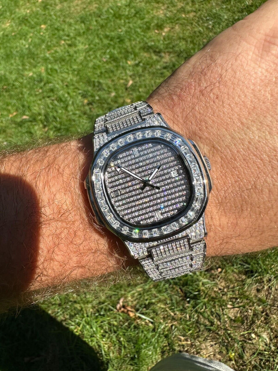 Real Mens Baguette MOISSANITE Watch Iced Automatic Movement Hip Hop Bust Down
