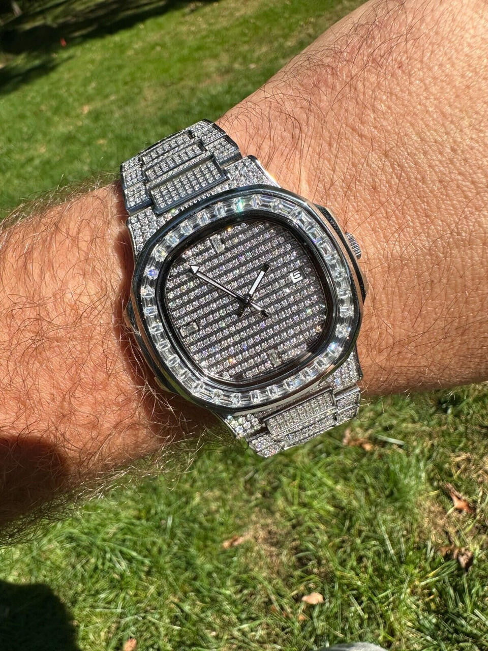 Real Mens Baguette MOISSANITE Watch Iced Automatic Movement Hip Hop Bust Down