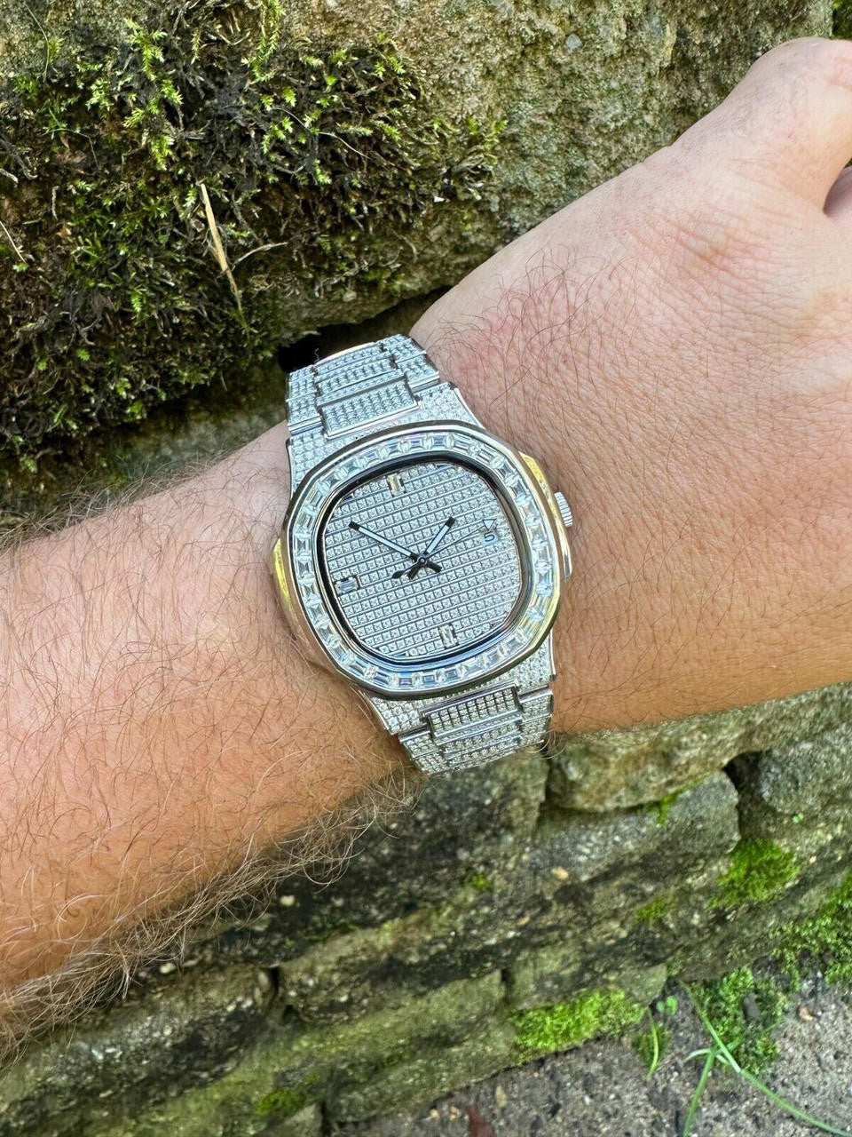 Real Mens Baguette MOISSANITE Watch Iced Automatic Movement Hip Hop Bust Down