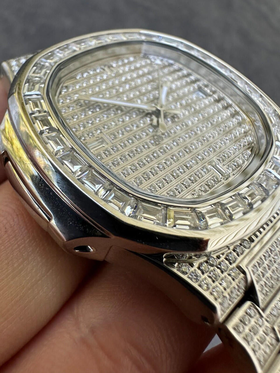 Real Mens Baguette MOISSANITE Watch Iced Automatic Movement Hip Hop Bust Down