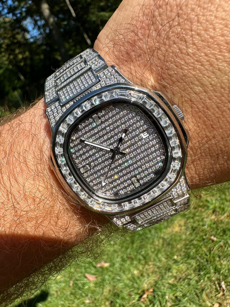 Real Mens Baguette MOISSANITE Watch Iced Automatic Movement Hip Hop Bust Down