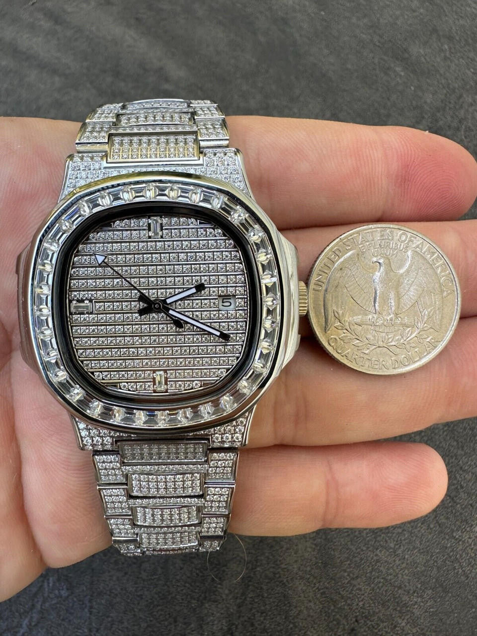 Real Mens Baguette MOISSANITE Watch Iced Automatic Movement Hip Hop Bust Down