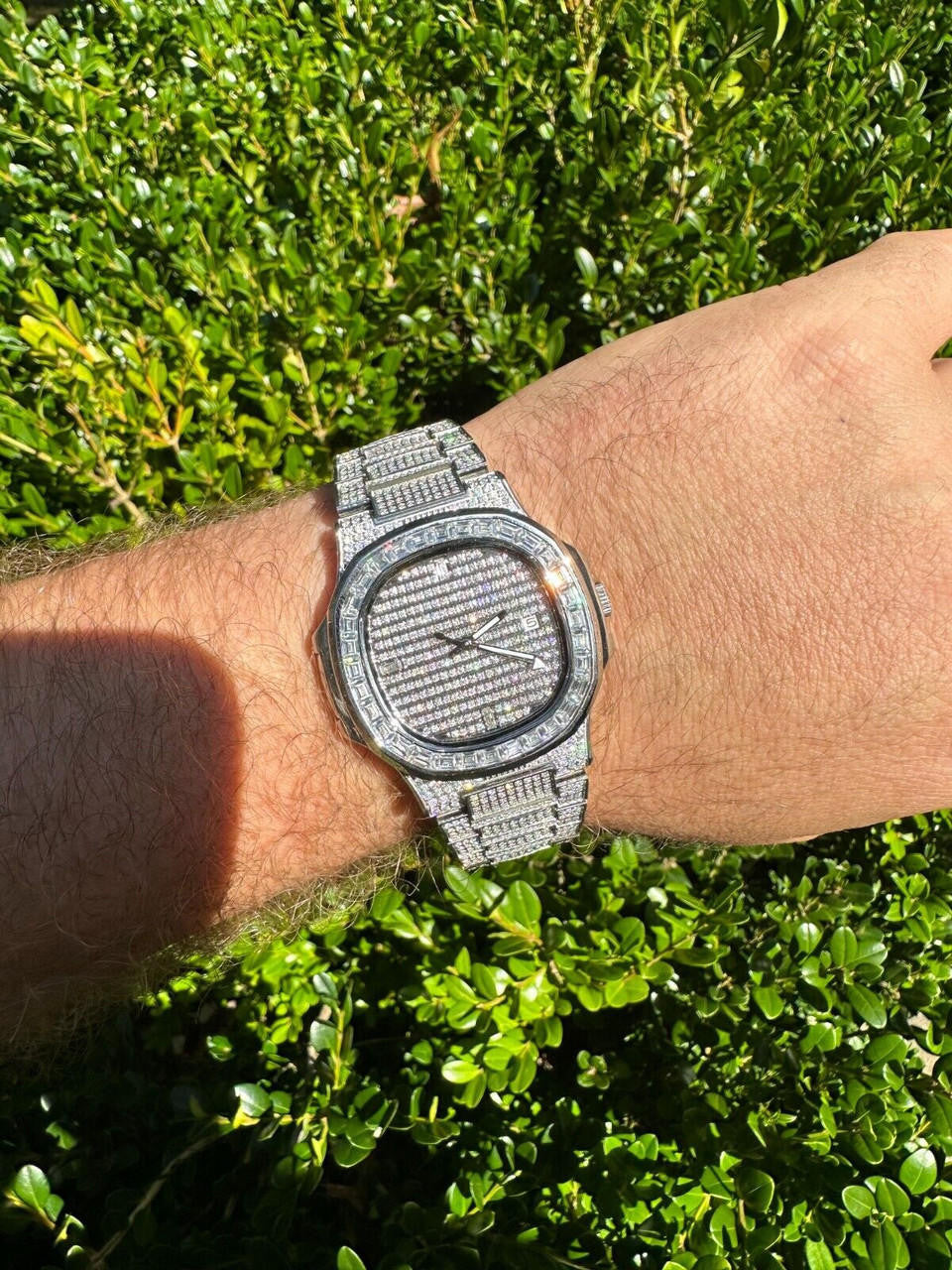 Real Mens Baguette MOISSANITE Watch Iced Automatic Movement Hip Hop Bust Down