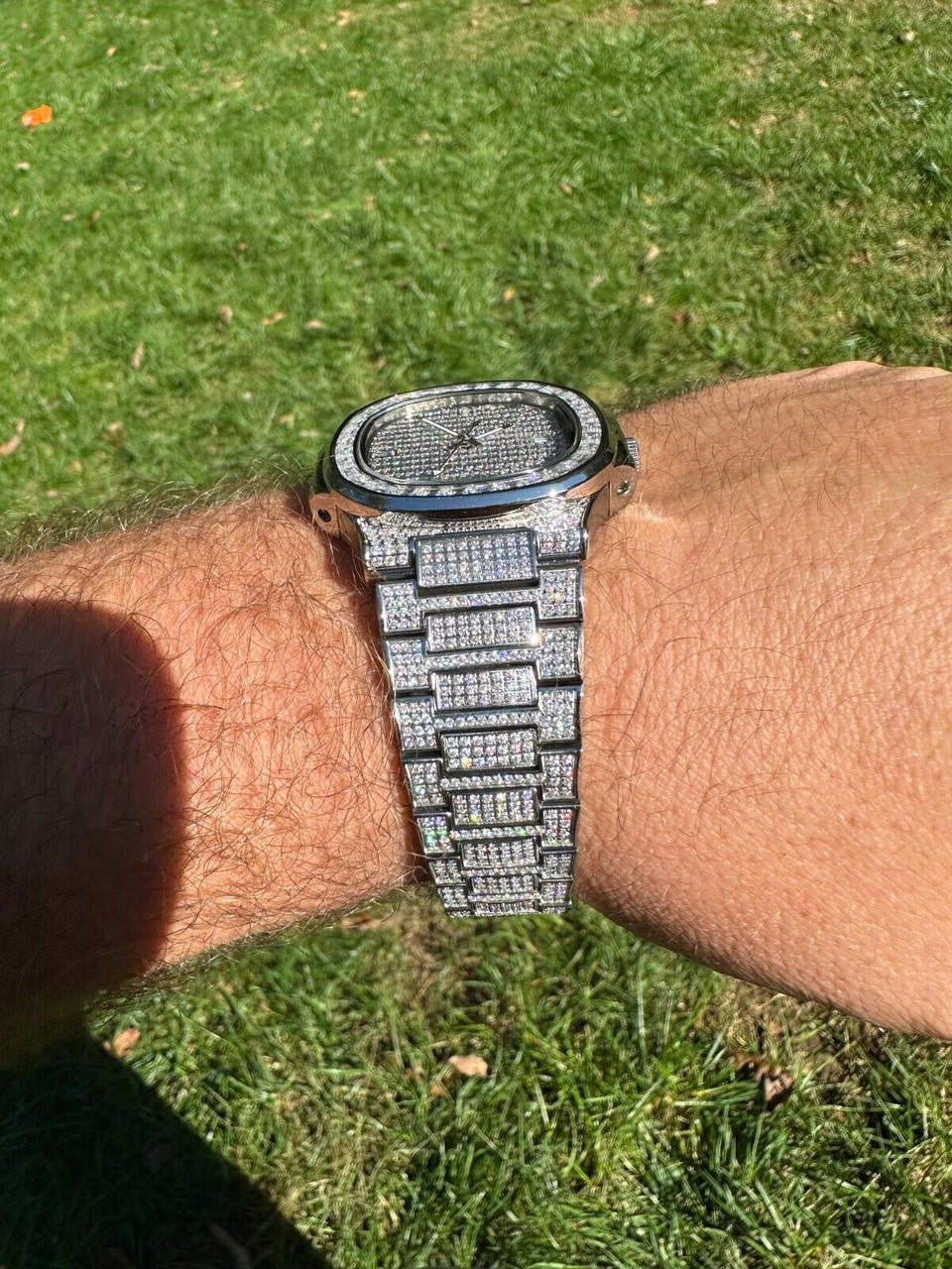 Real Mens Baguette MOISSANITE Watch Iced Automatic Movement Hip Hop Bust Down