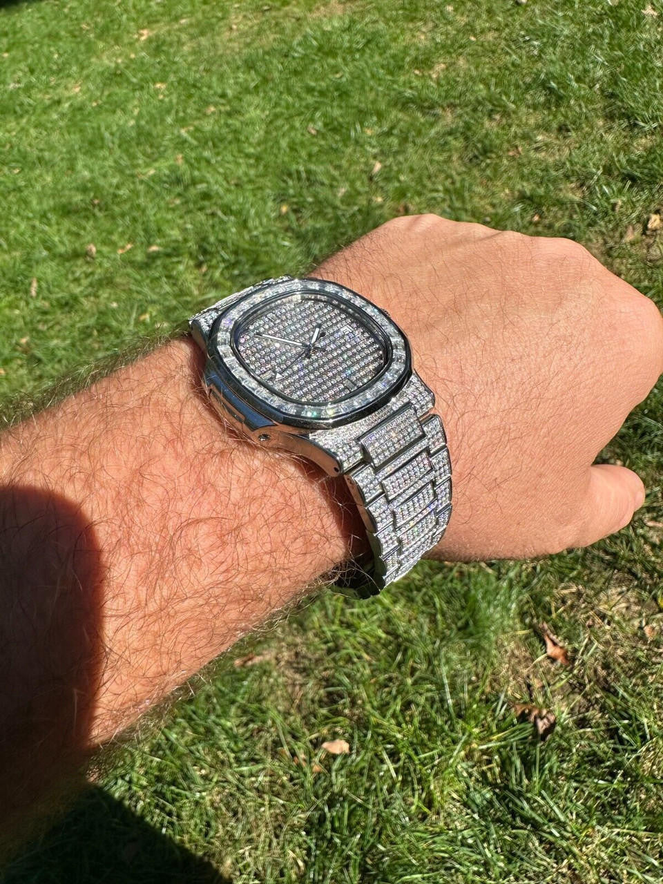 Real Mens Baguette MOISSANITE Watch Iced Automatic Movement Hip Hop Bust Down