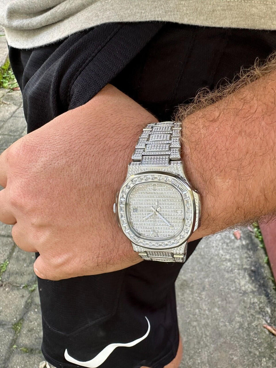 Real Mens Baguette MOISSANITE Watch Iced Automatic Movement Hip Hop Bust Down