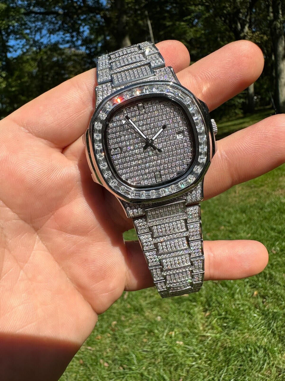 Real Mens Baguette MOISSANITE Watch Iced Automatic Movement Hip Hop Bust Down