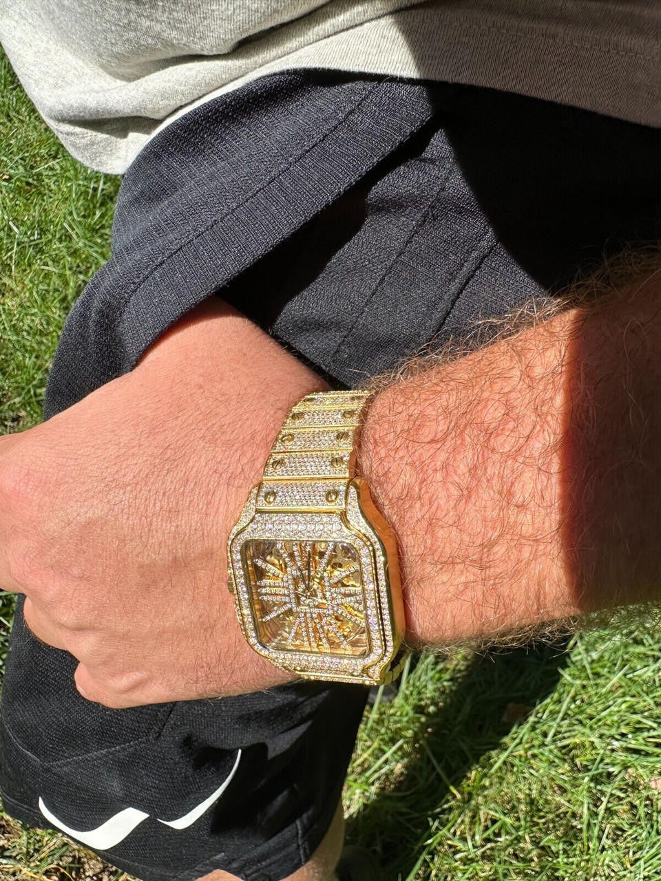 Real Mens MOISSANITE 14k Gold Watch Iced Automatic Movement Hip Hop Skeleton