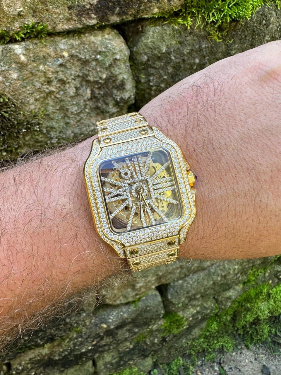 Real Mens MOISSANITE 14k Gold Watch Iced Automatic Movement Hip Hop Skeleton
