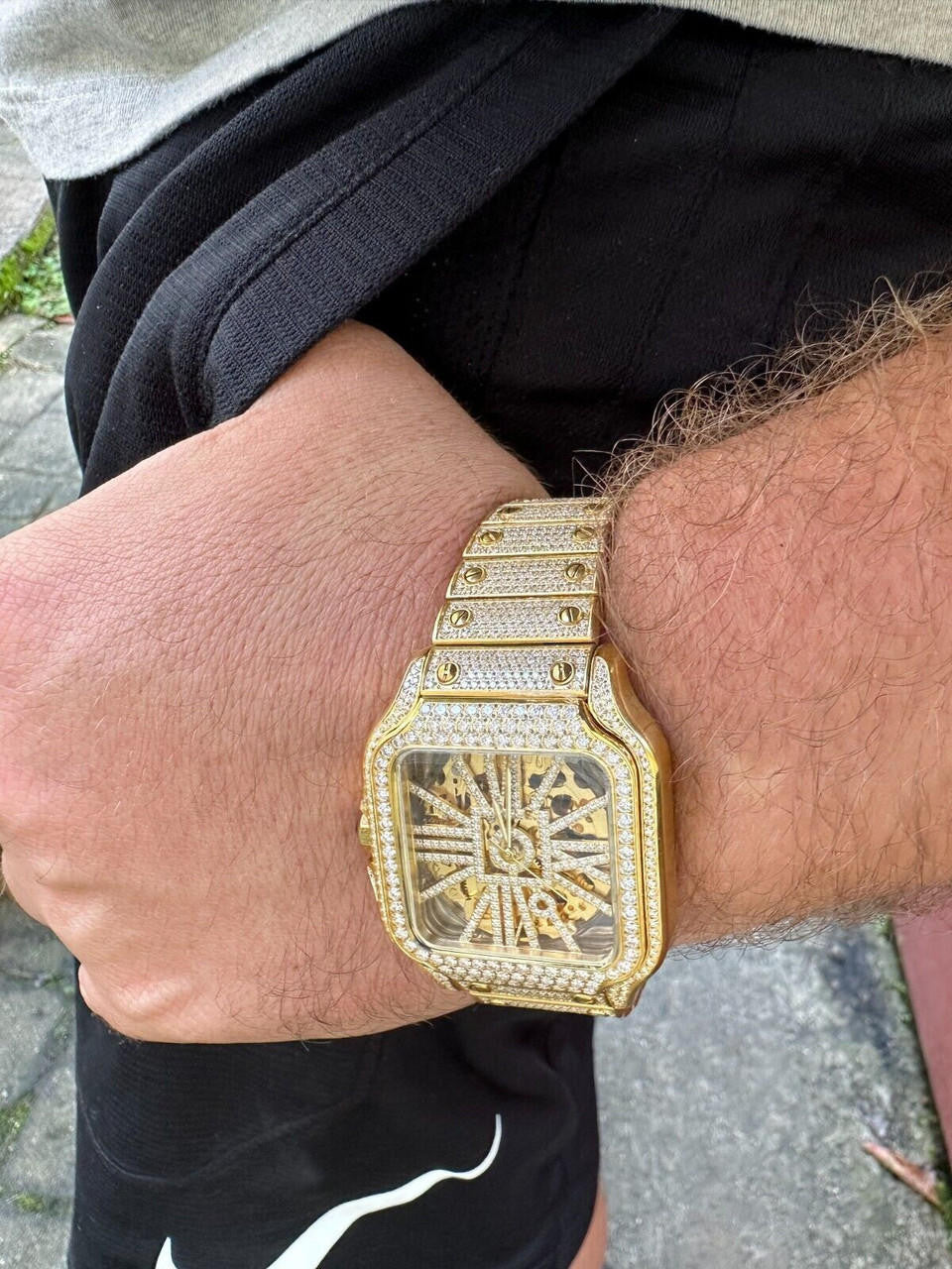 Real Mens MOISSANITE 14k Gold Watch Iced Automatic Movement Hip Hop Skeleton