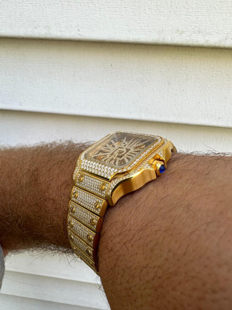 Real Mens MOISSANITE 14k Gold Watch Iced Automatic Movement Hip Hop Skeleton
