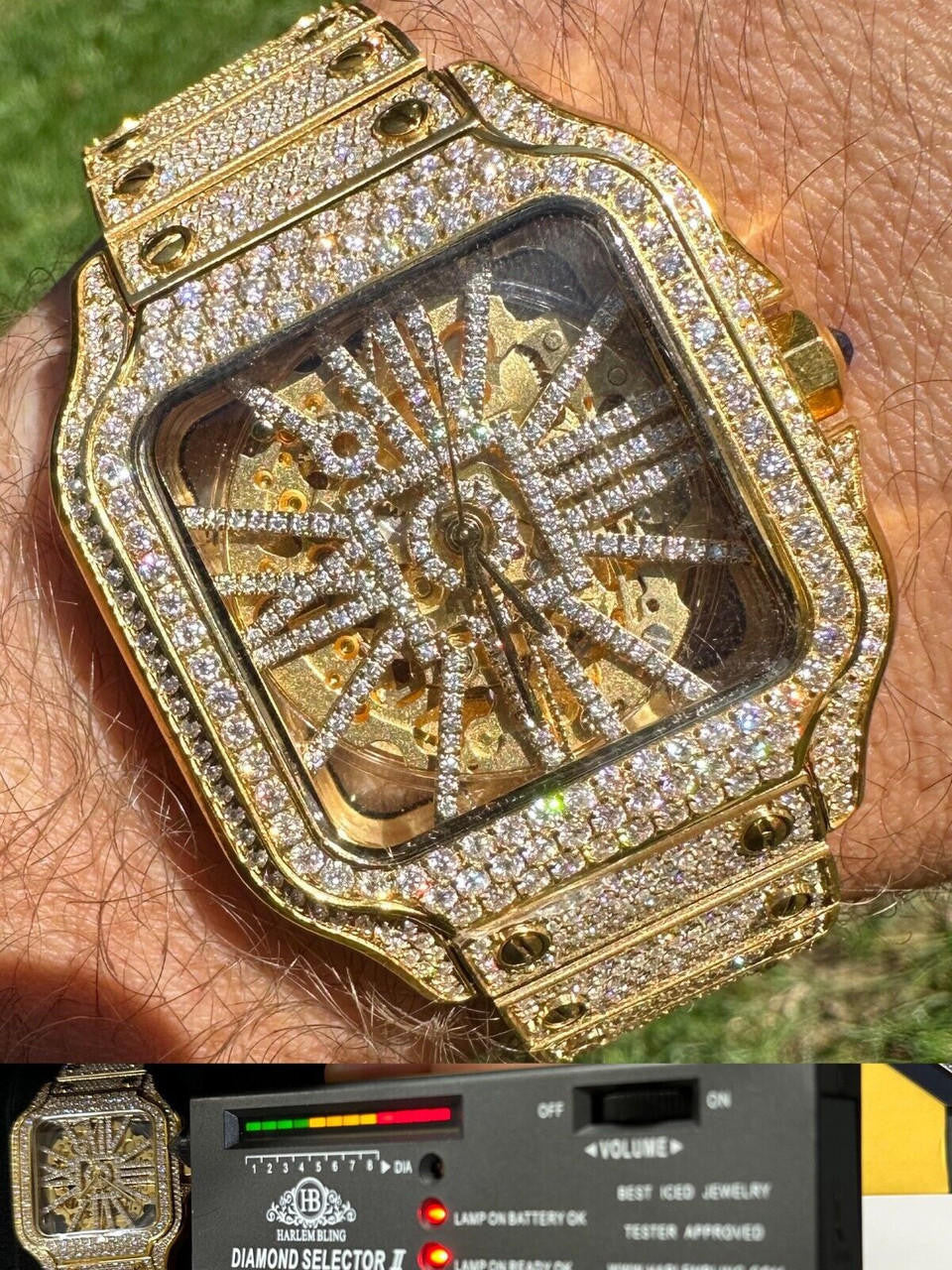 Real Mens MOISSANITE 14k Gold Watch Iced Automatic Movement Hip Hop Skeleton