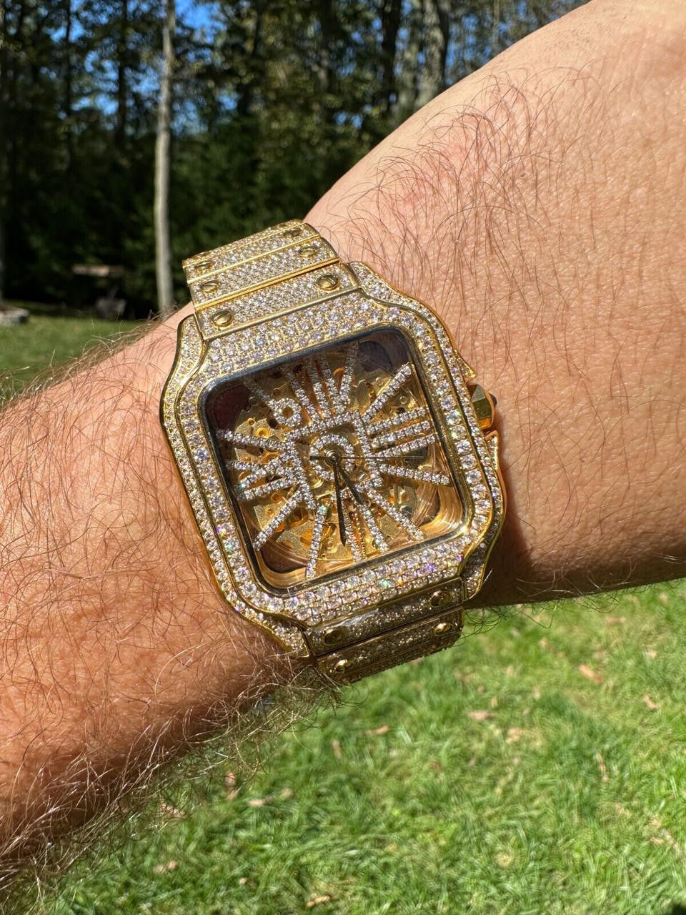 Real Mens MOISSANITE 14k Gold Watch Iced Automatic Movement Hip Hop Skeleton