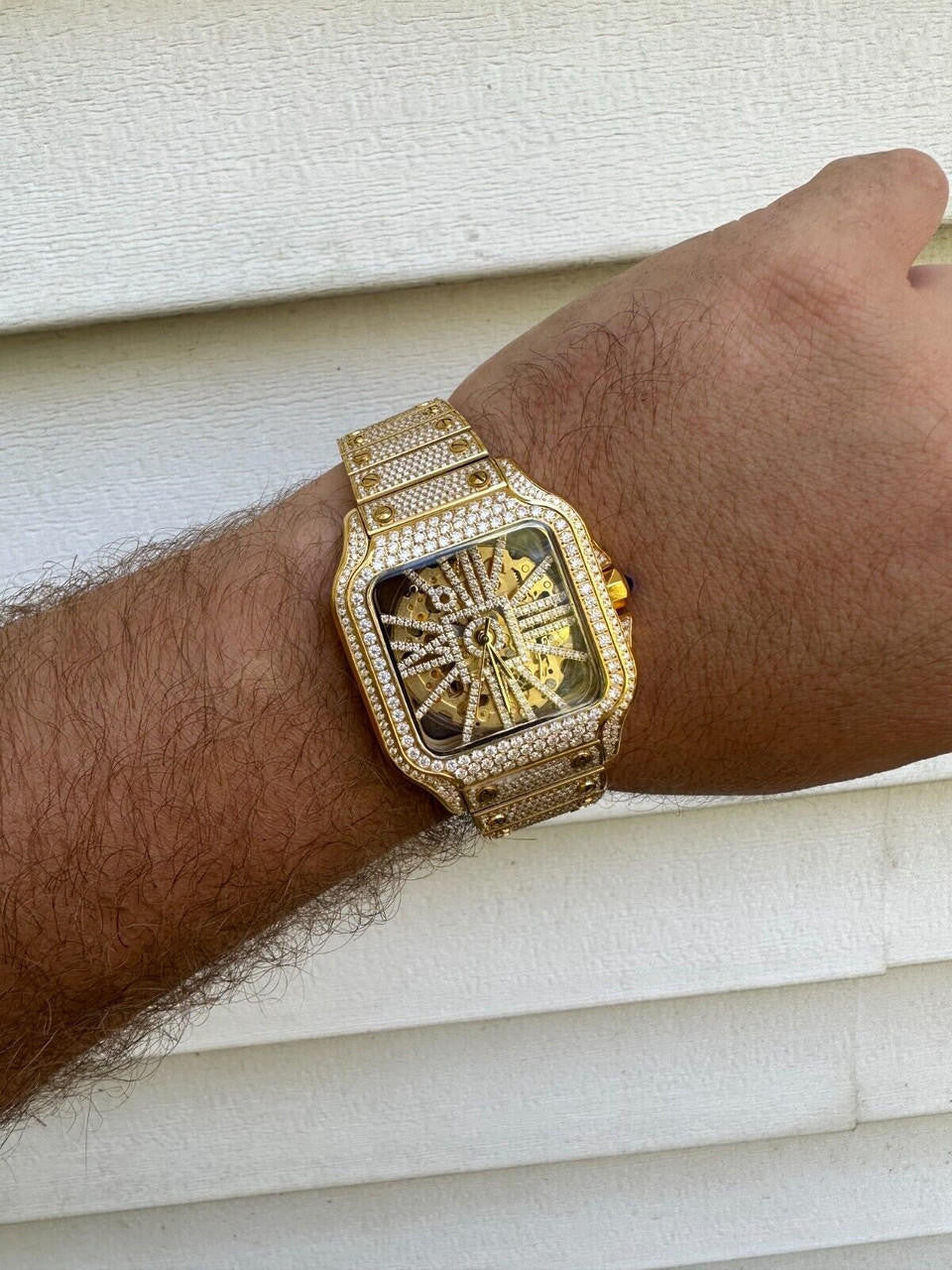 Real Mens MOISSANITE 14k Gold Watch Iced Automatic Movement Hip Hop Skeleton