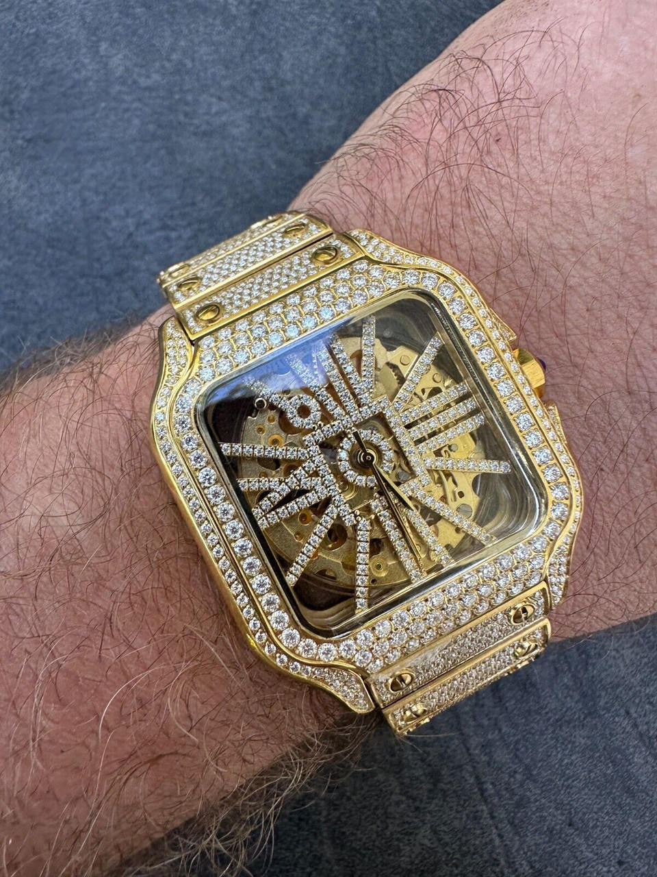 Real Mens MOISSANITE 14k Gold Watch Iced Automatic Movement Hip Hop Skeleton