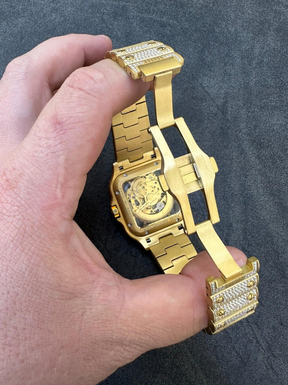 Real Mens MOISSANITE 14k Gold Watch Iced Automatic Movement Hip Hop Skeleton