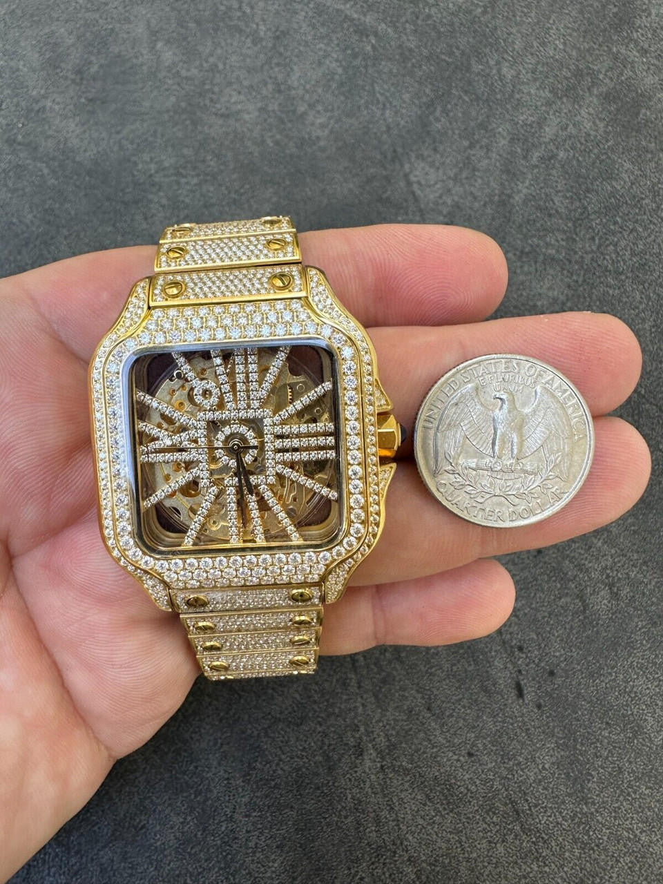 Real Mens MOISSANITE 14k Gold Watch Iced Automatic Movement Hip Hop Skeleton