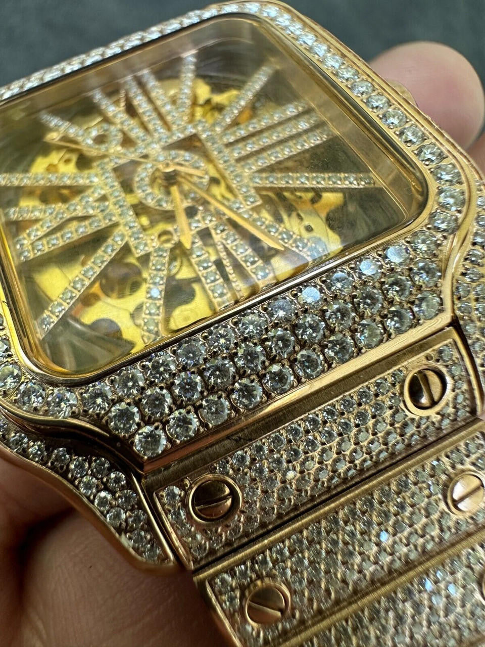 Real Mens MOISSANITE 14k Gold Watch Iced Automatic Movement Hip Hop Skeleton