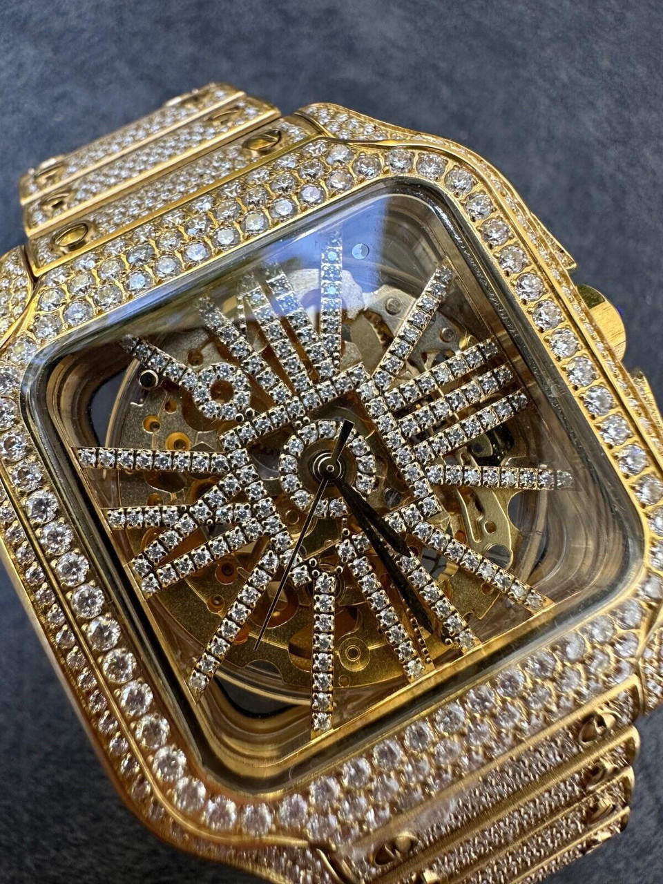 Real Mens MOISSANITE 14k Gold Watch Iced Automatic Movement Hip Hop Skeleton
