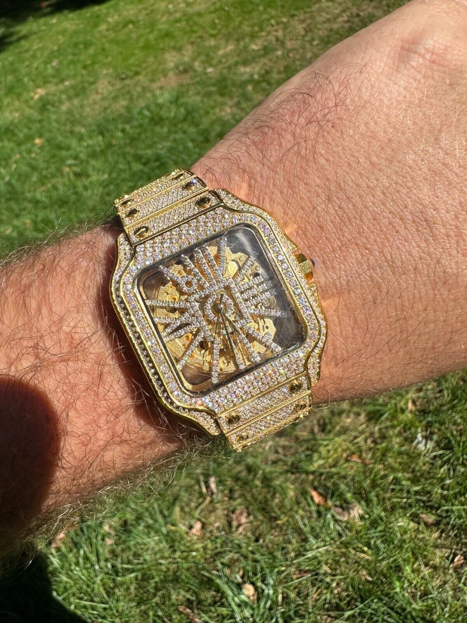 Real Mens MOISSANITE 14k Gold Watch Iced Automatic Movement Hip Hop Skeleton