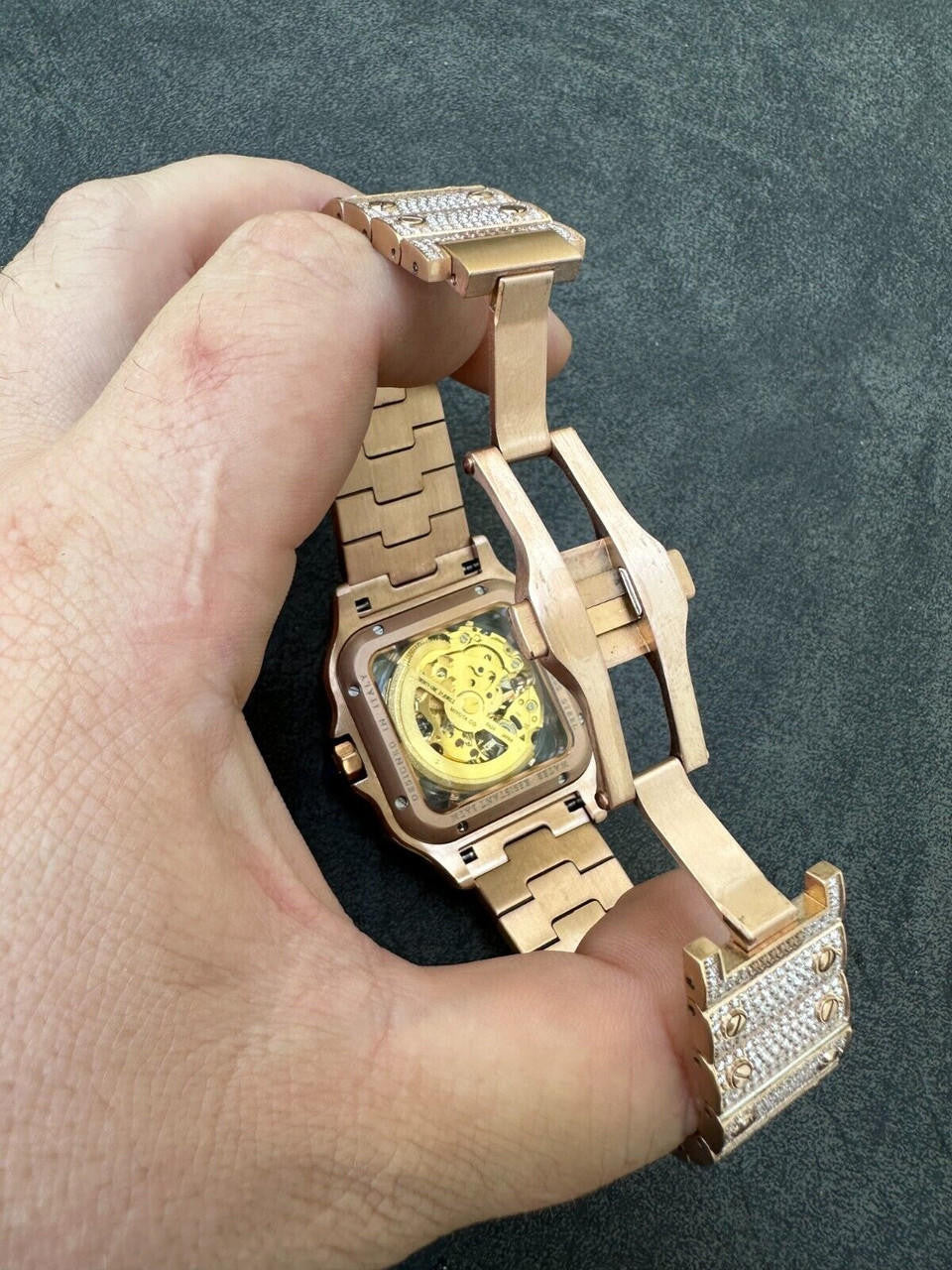 Real Mens MOISSANITE 14k Rose Gold Watch Iced Automatic Movement HipHop Skeleton