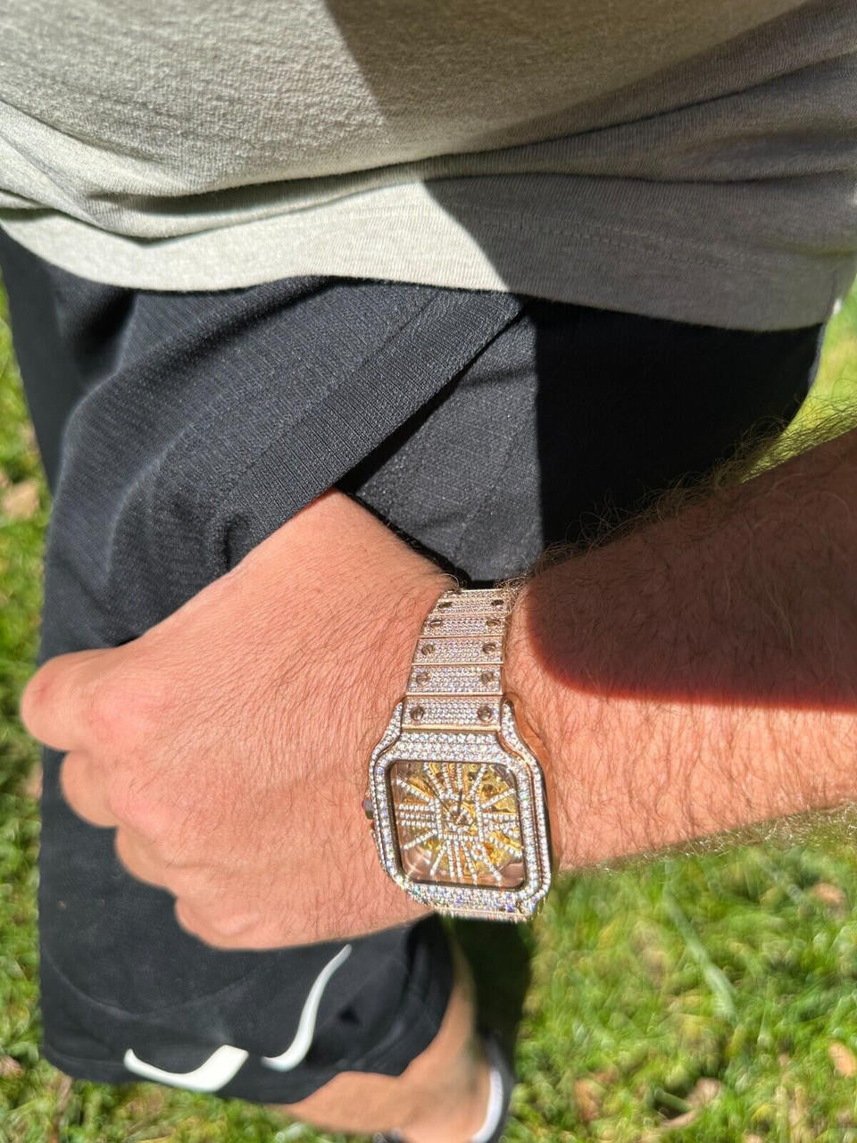 Real Mens MOISSANITE 14k Rose Gold Watch Iced Automatic Movement HipHop Skeleton