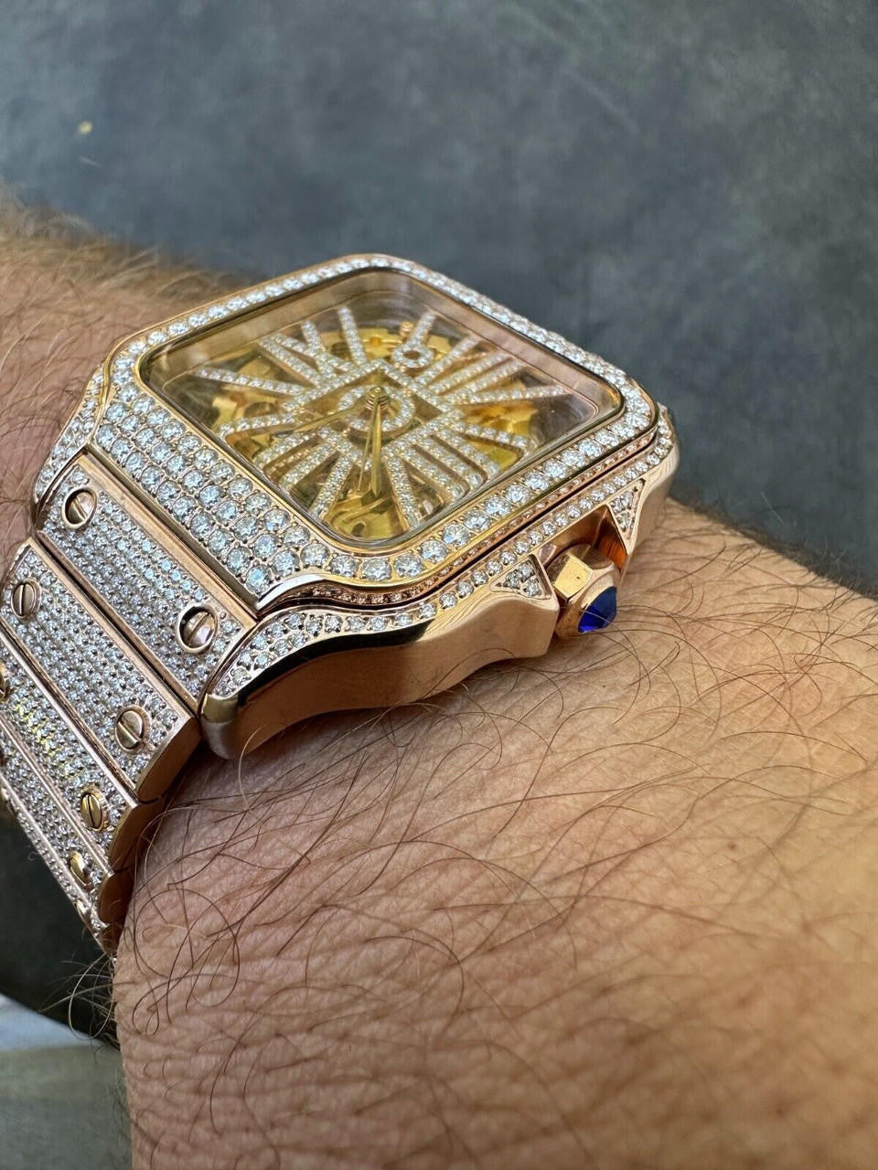 Real Mens MOISSANITE 14k Rose Gold Watch Iced Automatic Movement HipHop Skeleton