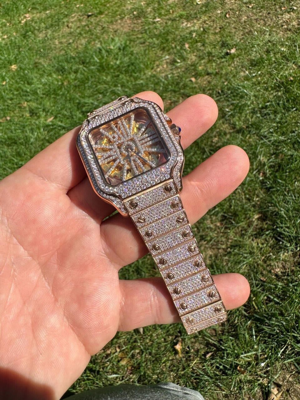 Real Mens MOISSANITE 14k Rose Gold Watch Iced Automatic Movement HipHop Skeleton