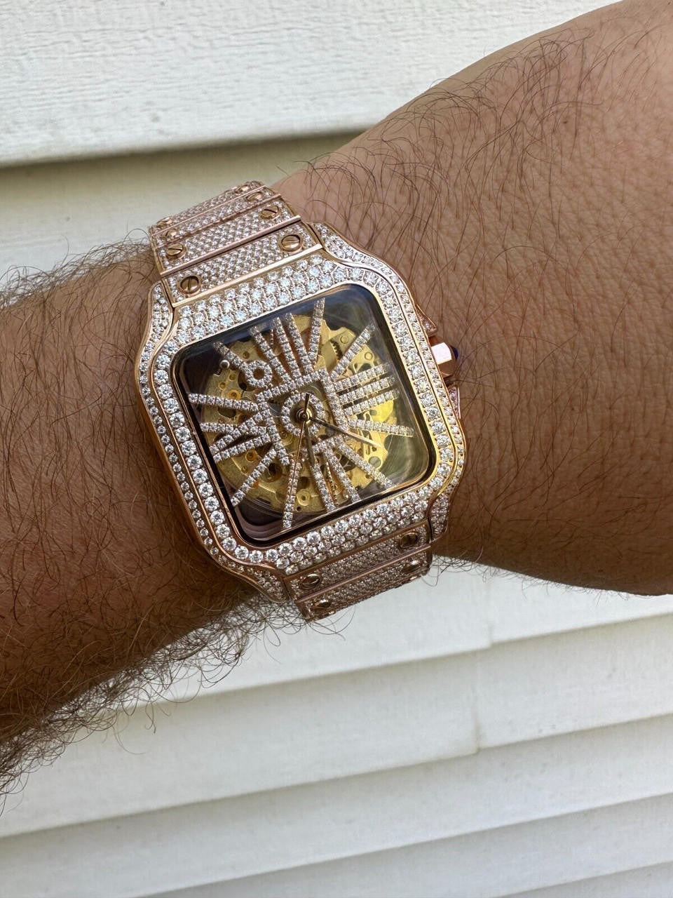 Real Mens MOISSANITE 14k Rose Gold Watch Iced Automatic Movement HipHop Skeleton