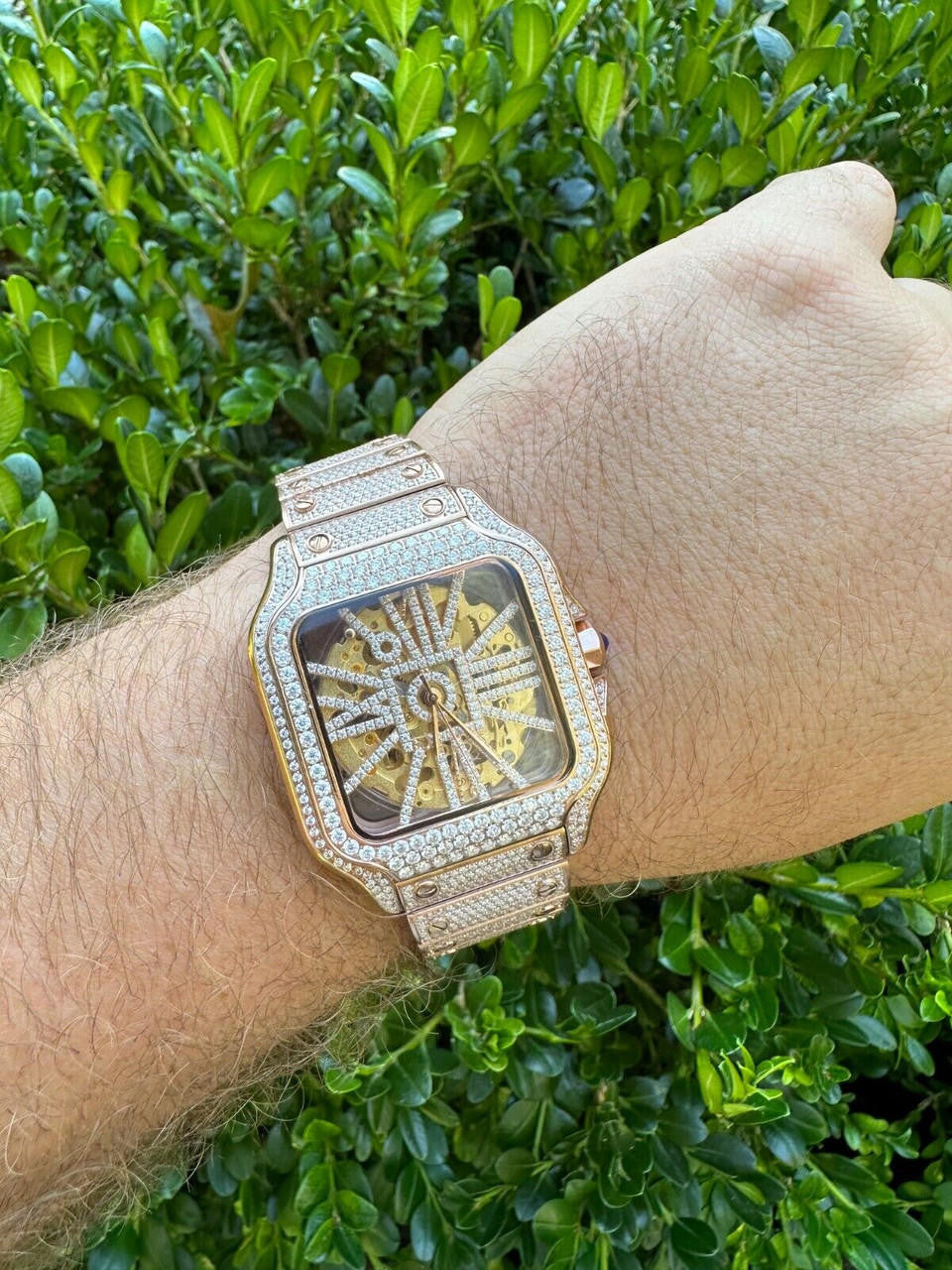 Real Mens MOISSANITE 14k Rose Gold Watch Iced Automatic Movement HipHop Skeleton