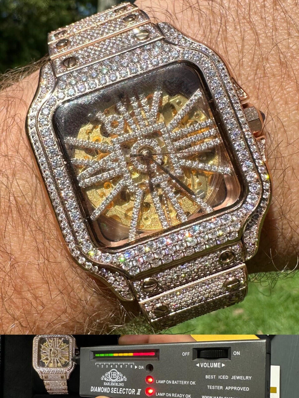 Real Mens MOISSANITE 14k Rose Gold Watch Iced Automatic Movement HipHop Skeleton