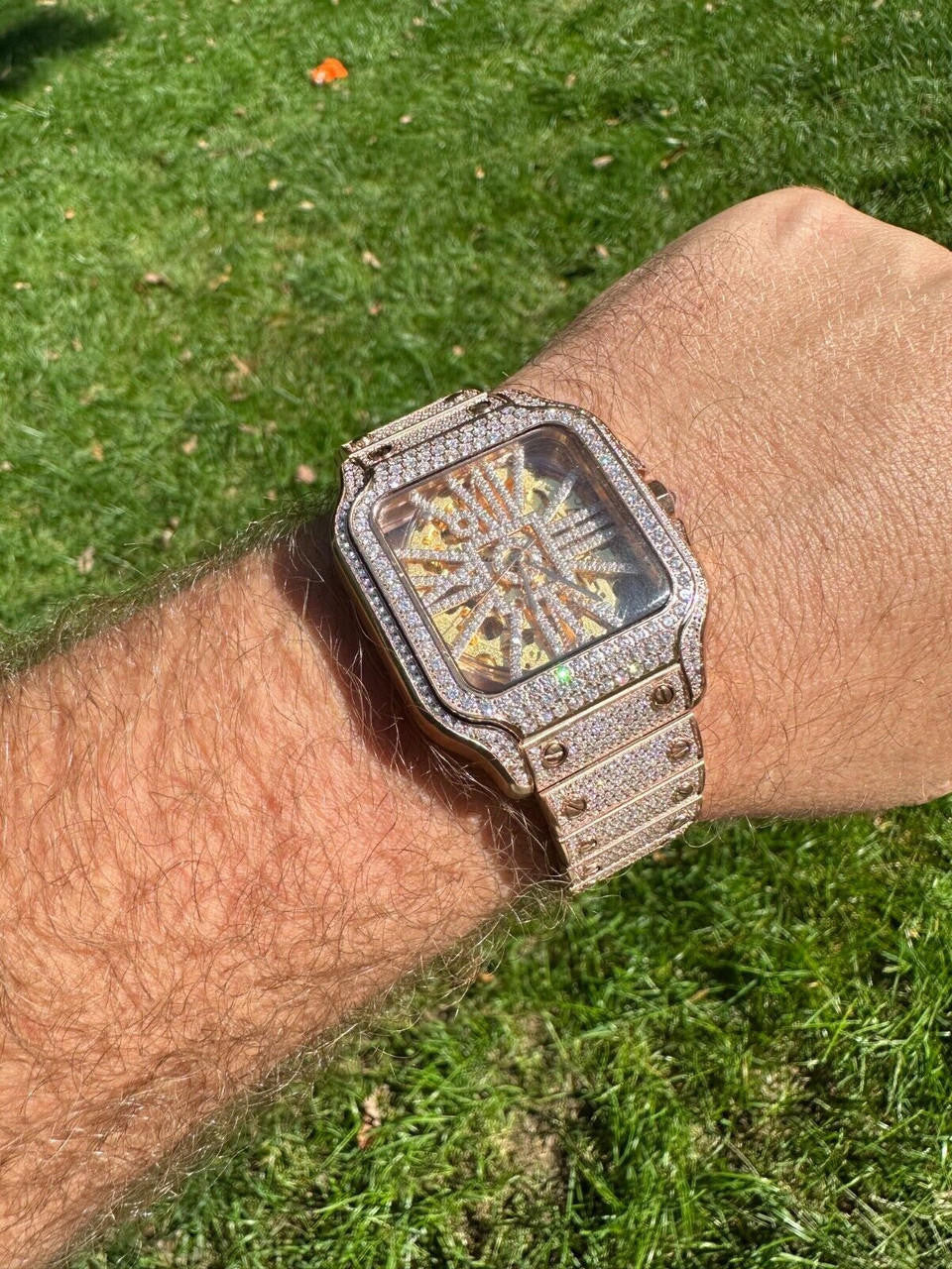 Real Mens MOISSANITE 14k Rose Gold Watch Iced Automatic Movement HipHop Skeleton