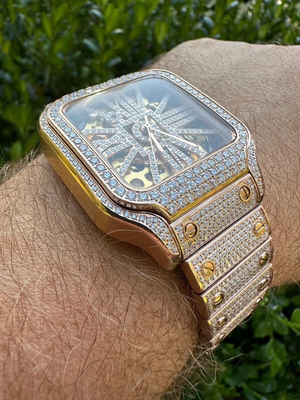 Real Mens MOISSANITE 14k Rose Gold Watch Iced Automatic Movement HipHop Skeleton