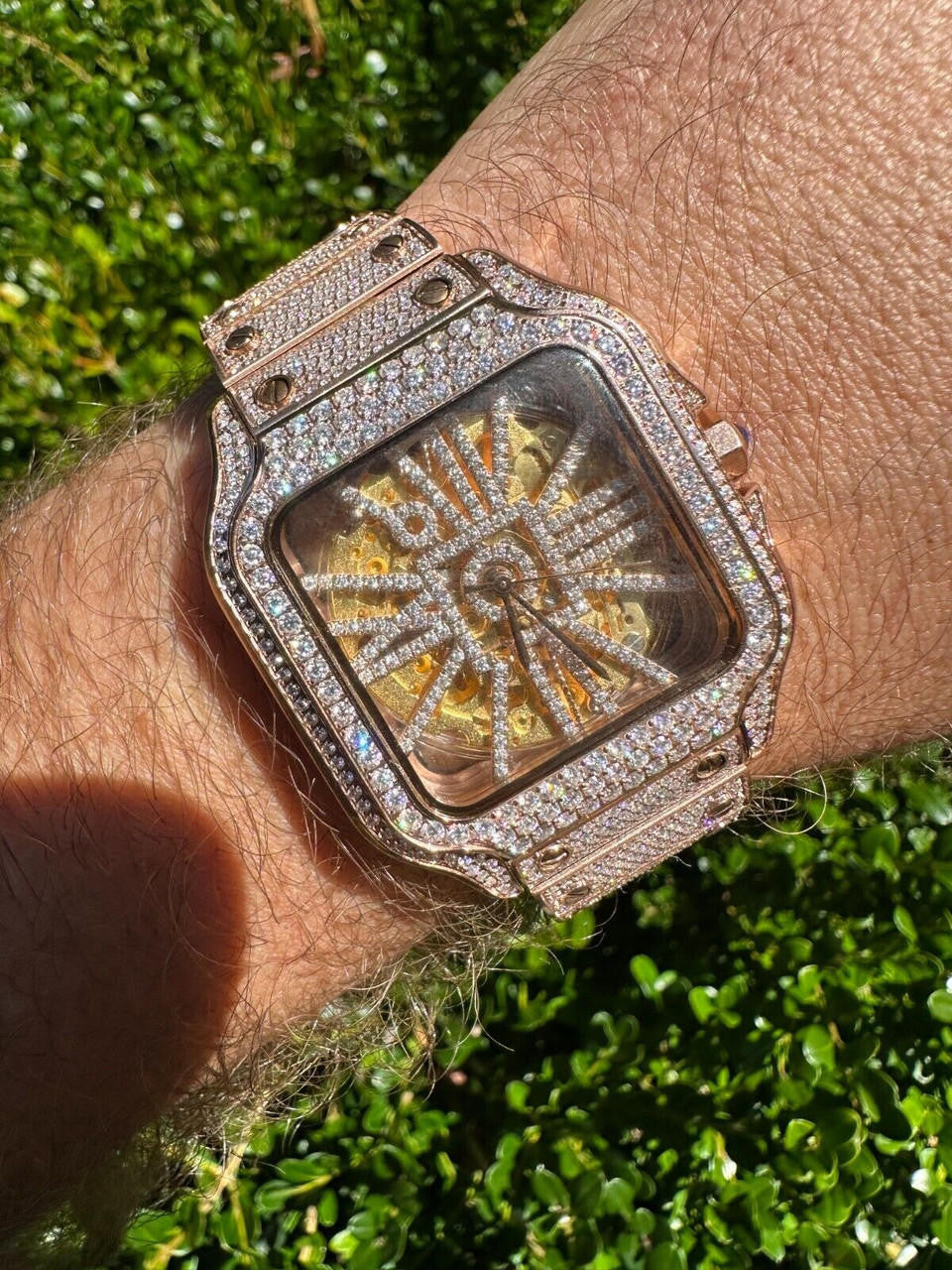 Real Mens MOISSANITE 14k Rose Gold Watch Iced Automatic Movement HipHop Skeleton