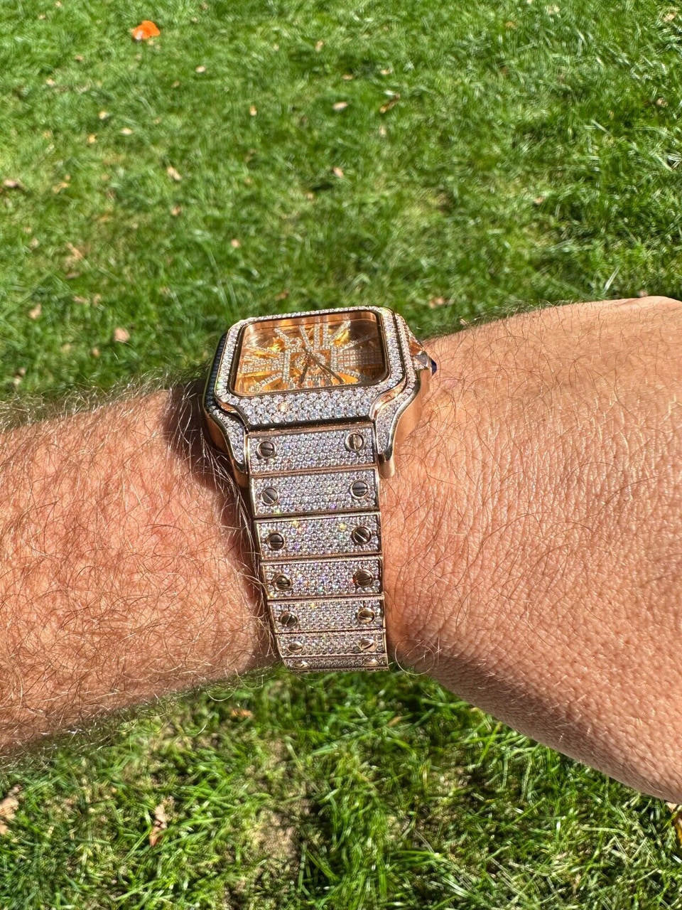 Real Mens MOISSANITE 14k Rose Gold Watch Iced Automatic Movement HipHop Skeleton