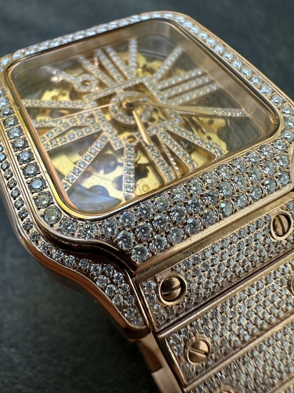 Real Mens MOISSANITE 14k Rose Gold Watch Iced Automatic Movement HipHop Skeleton