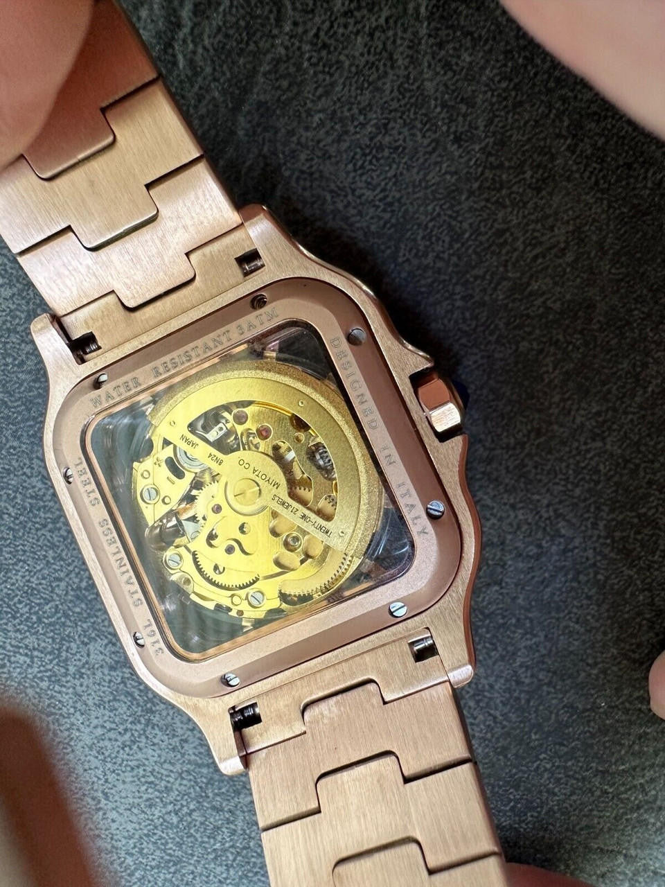Real Mens MOISSANITE 14k Rose Gold Watch Iced Automatic Movement HipHop Skeleton