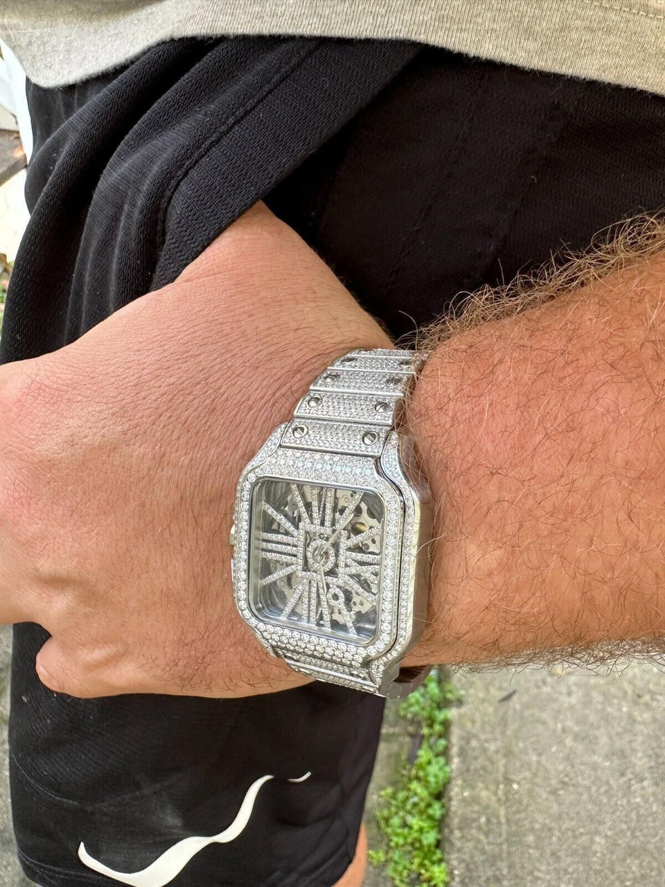 Real Mens MOISSANITE Watch Iced Automatic Movement Hip Hop Bust Down Skeleton