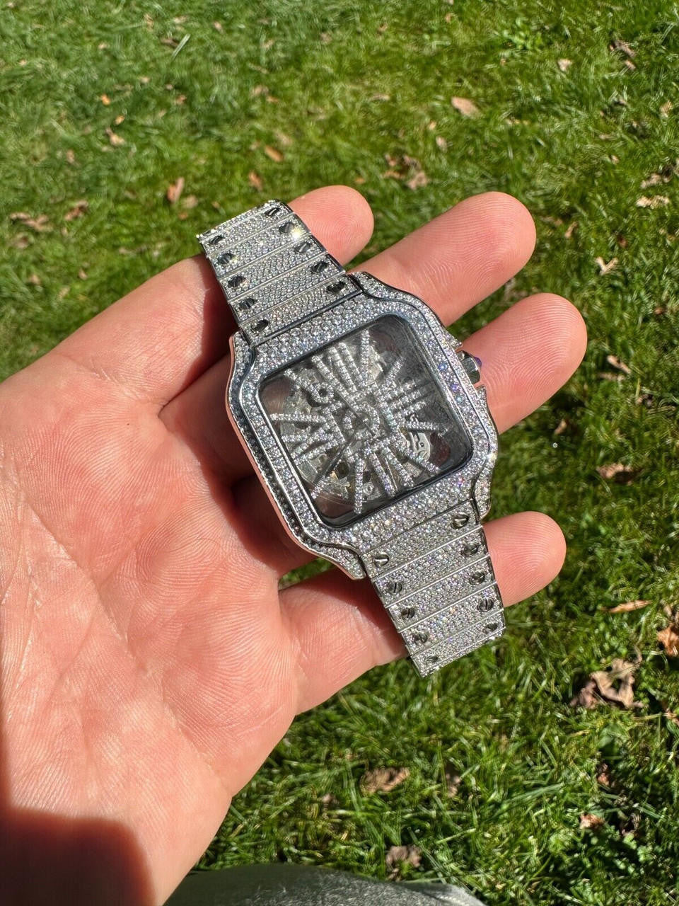 Real Mens MOISSANITE Watch Iced Automatic Movement Hip Hop Bust Down Skeleton