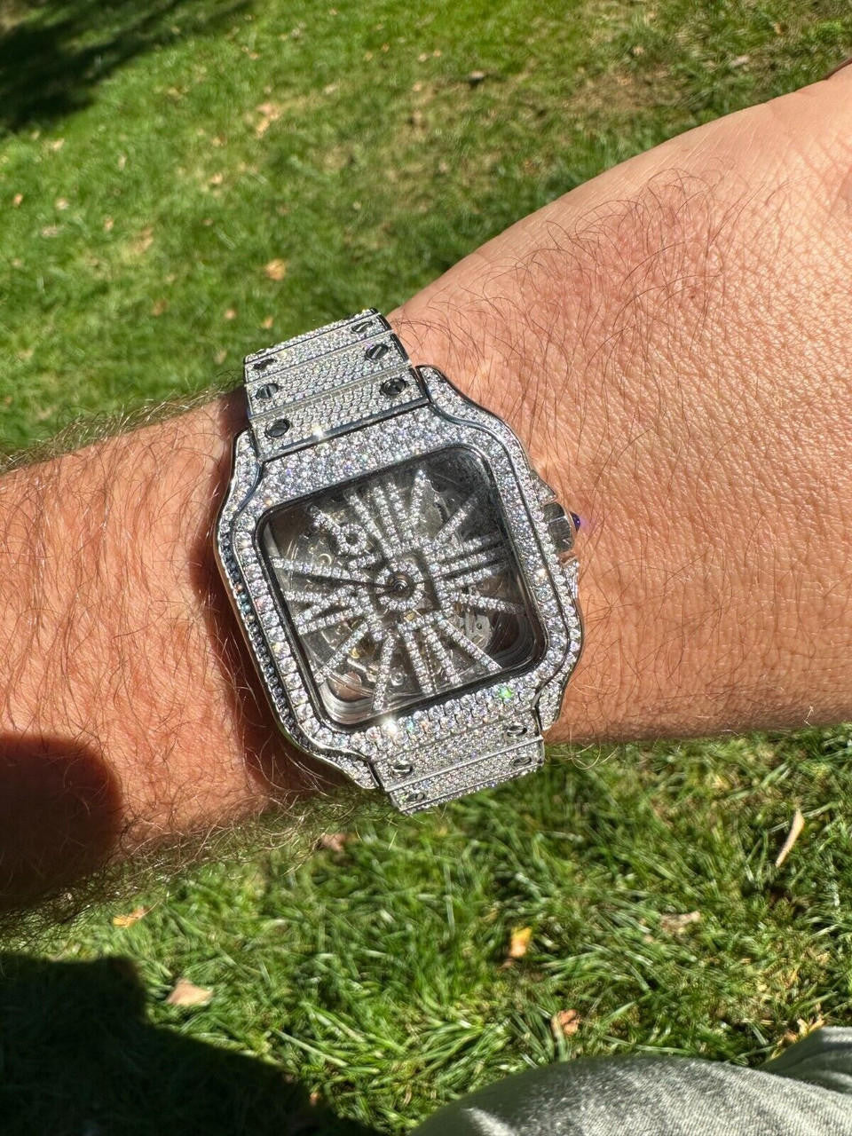 Real Mens MOISSANITE Watch Iced Automatic Movement Hip Hop Bust Down Skeleton