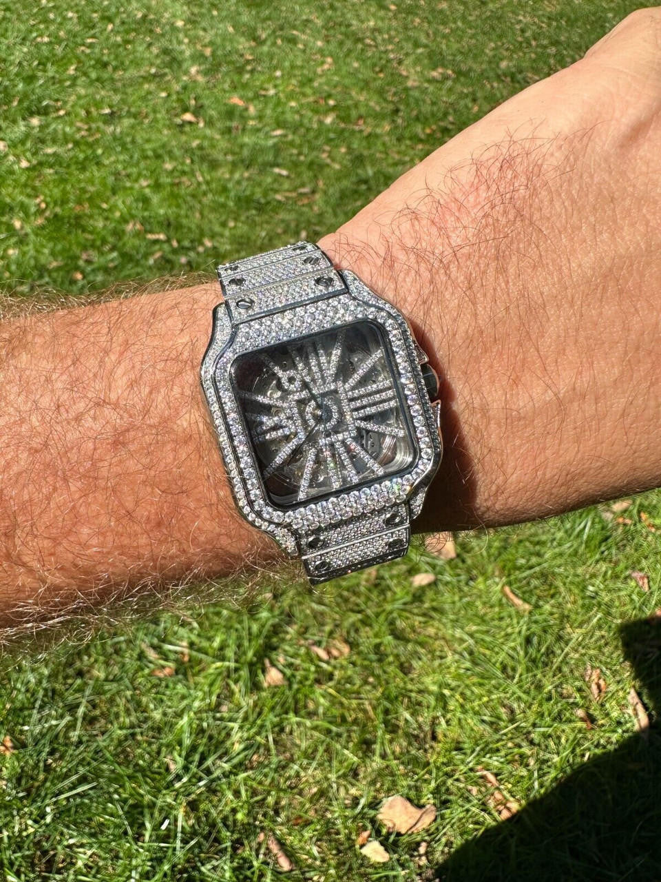 Real Mens MOISSANITE Watch Iced Automatic Movement Hip Hop Bust Down Skeleton