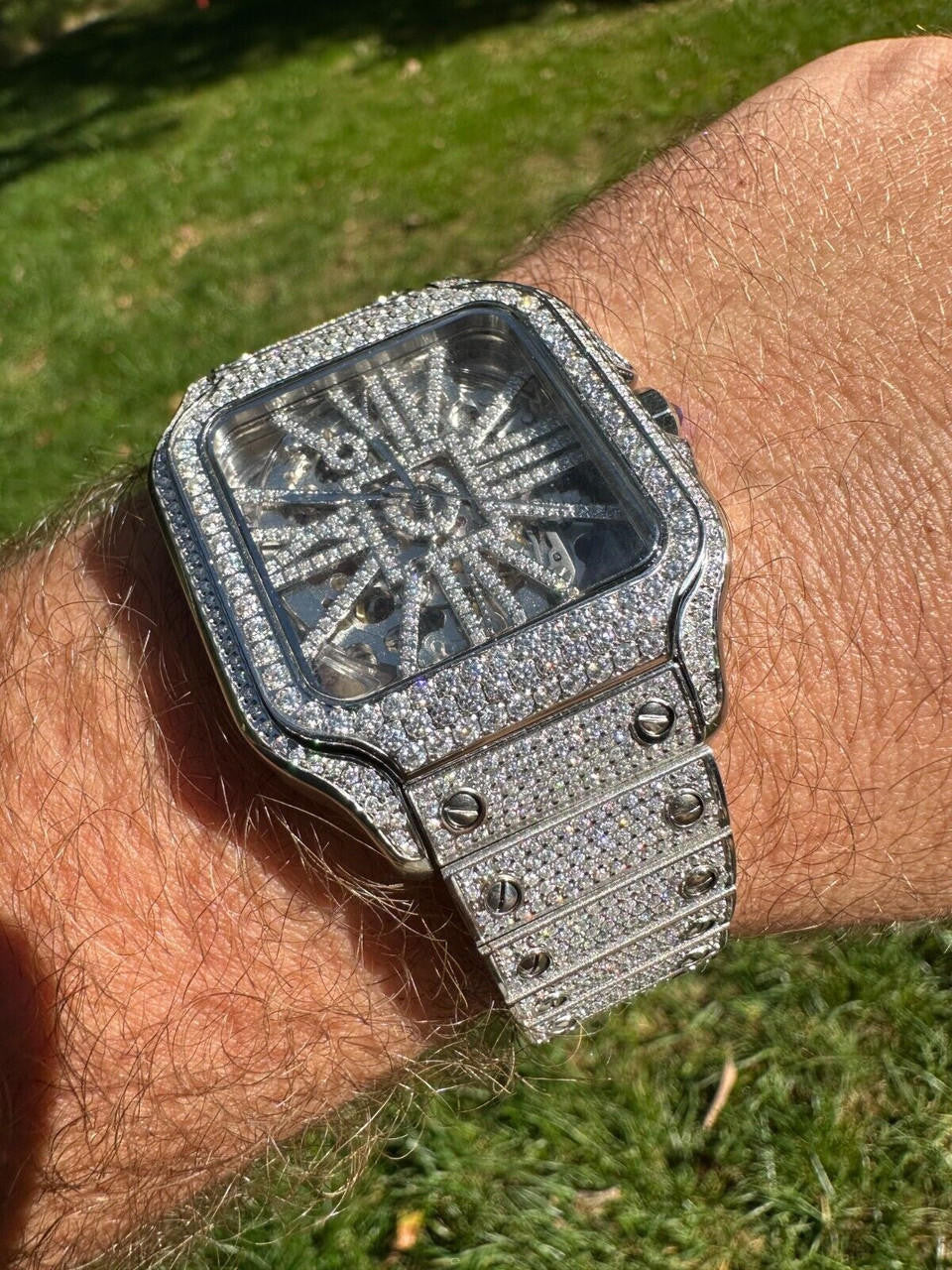 Real Mens MOISSANITE Watch Iced Automatic Movement Hip Hop Bust Down Skeleton