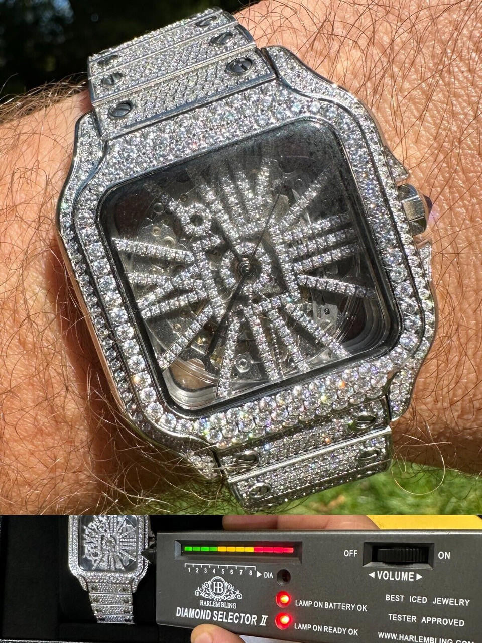 Real Mens MOISSANITE Watch Iced Automatic Movement Hip Hop Bust Down Skeleton