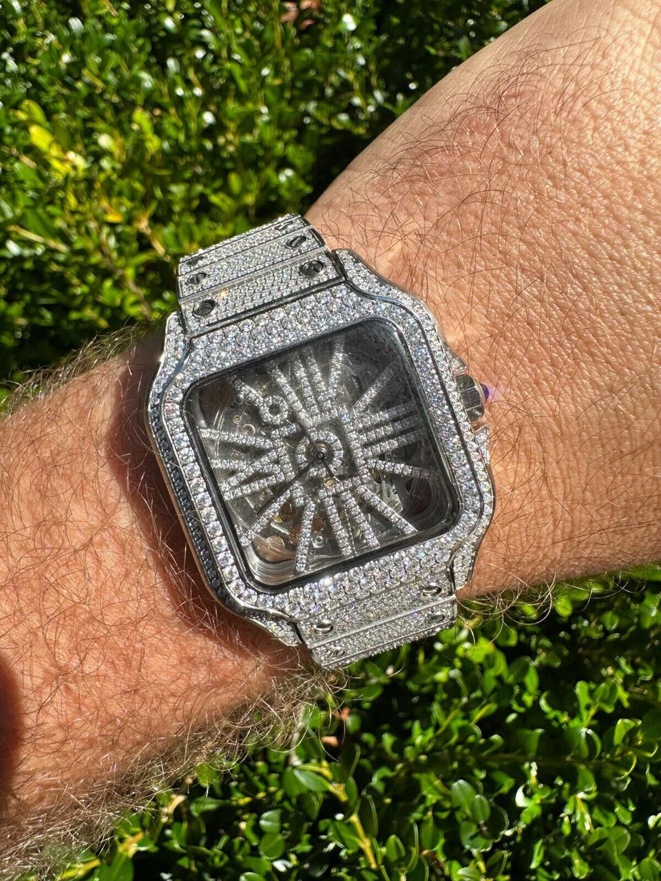 Real Mens MOISSANITE Watch Iced Automatic Movement Hip Hop Bust Down Skeleton