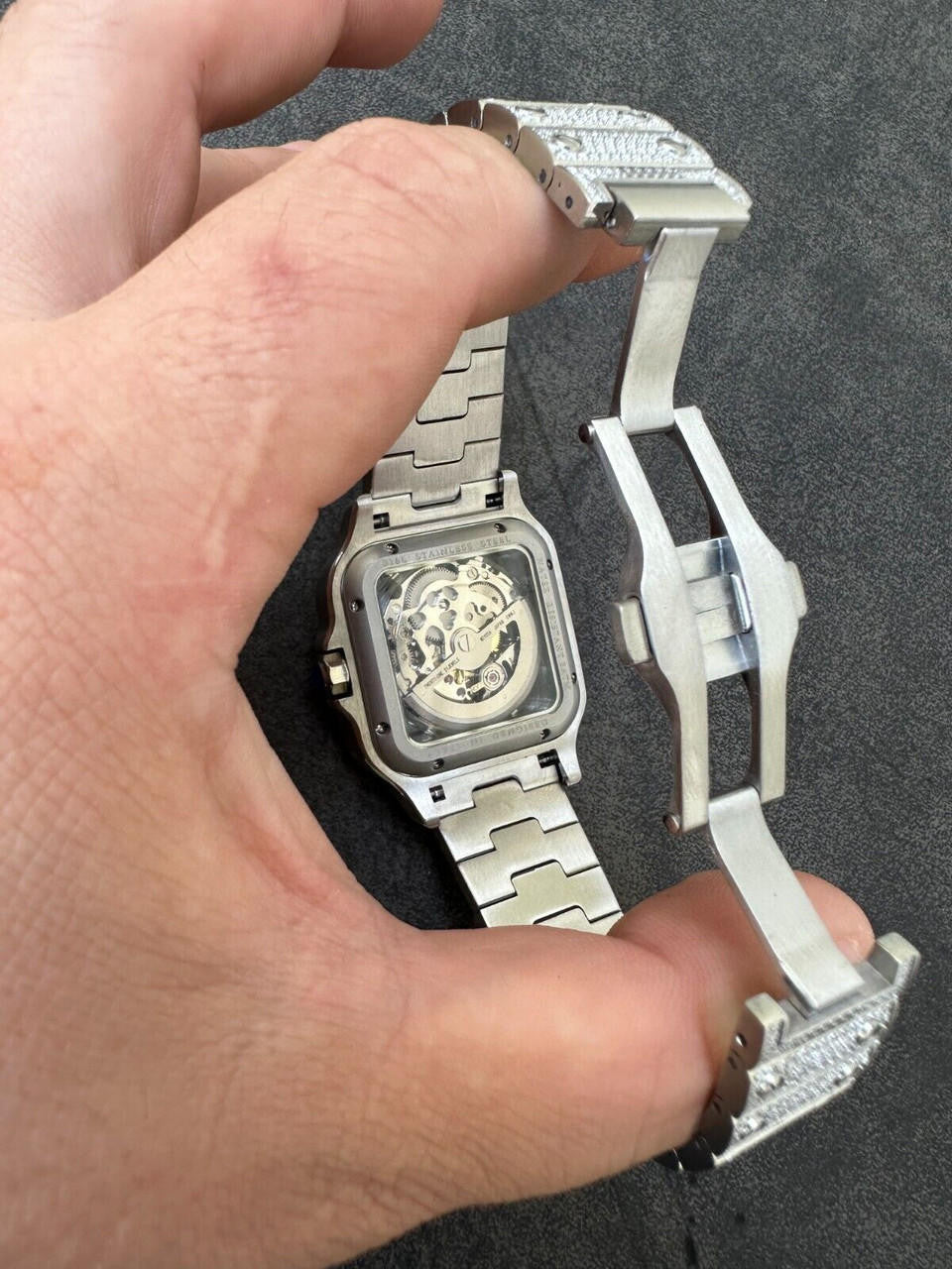 Real Mens MOISSANITE Watch Iced Automatic Movement Hip Hop Bust Down Skeleton