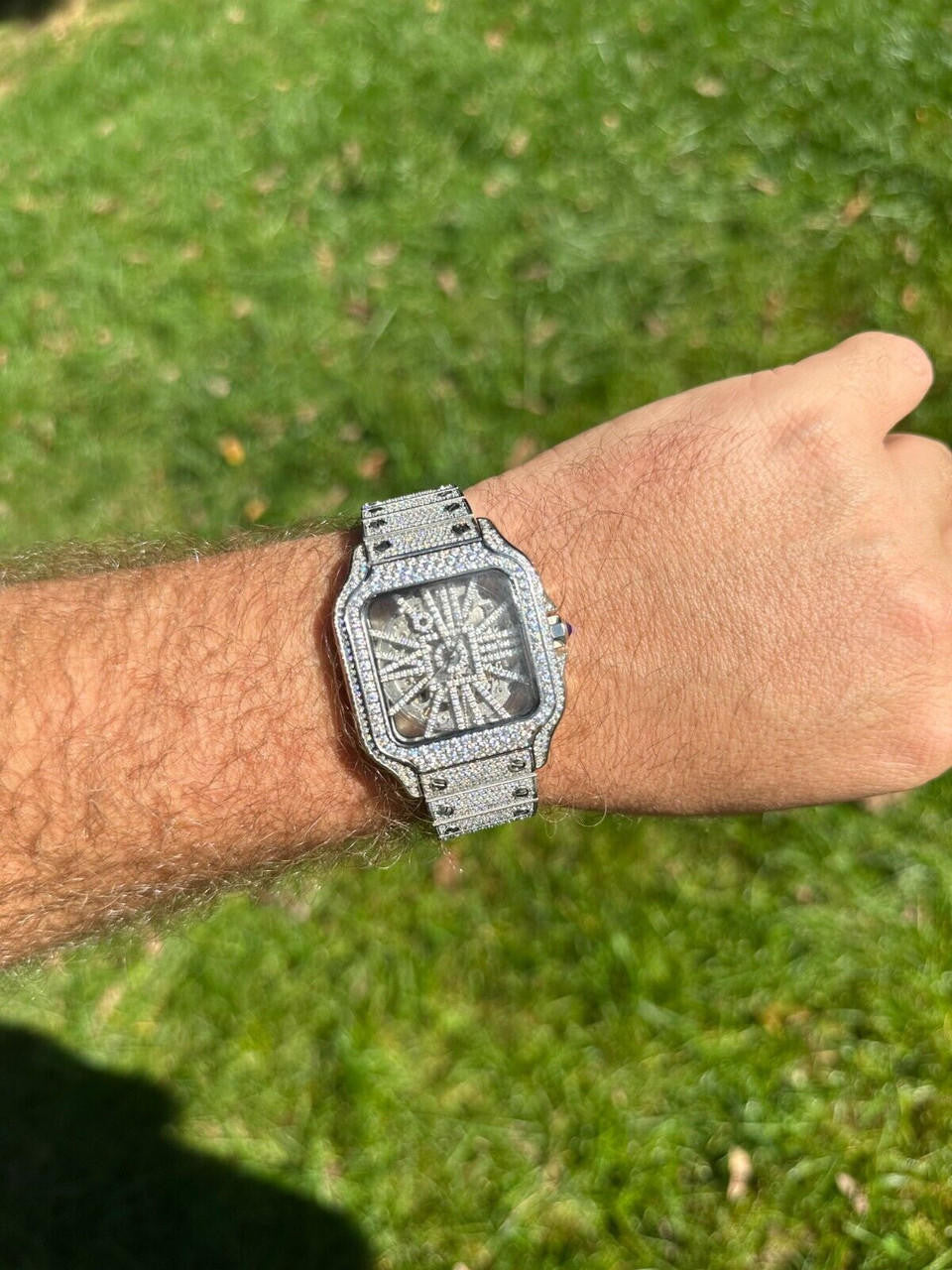 Real Mens MOISSANITE Watch Iced Automatic Movement Hip Hop Bust Down Skeleton