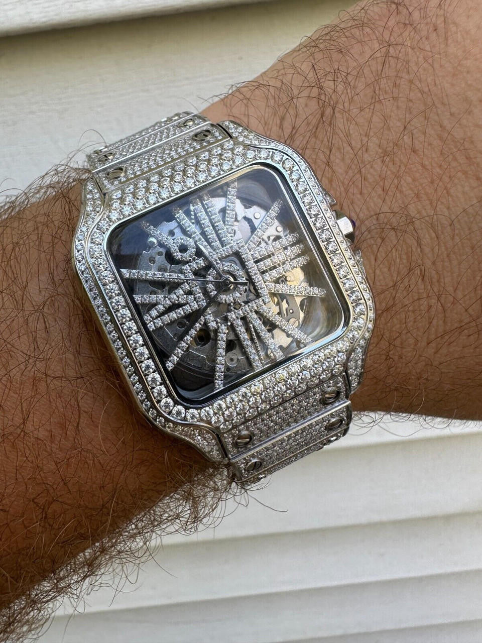 Real Mens MOISSANITE Watch Iced Automatic Movement Hip Hop Bust Down Skeleton